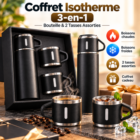 ✨Coffret Thermos Isotherme 3-en-1 – Bouteille & 3 Tasses en Acier Inoxydable