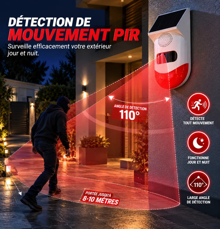 Détecteur de mouvement , alarme , alarme sonore à énergie , dispositif d'alarme extérieur 120dB alarme de sécurité avec télécommande
