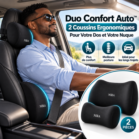 🚗 Duo Confort Auto™ | Kit de 2 Coussins Ergonomiques Dos & Nuque