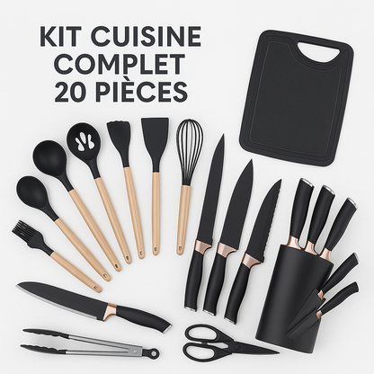 Ensemble Cuisine 19 Pièces en Silicone Premium – Manches Bois, Anti-Chaleur & Sans BPA