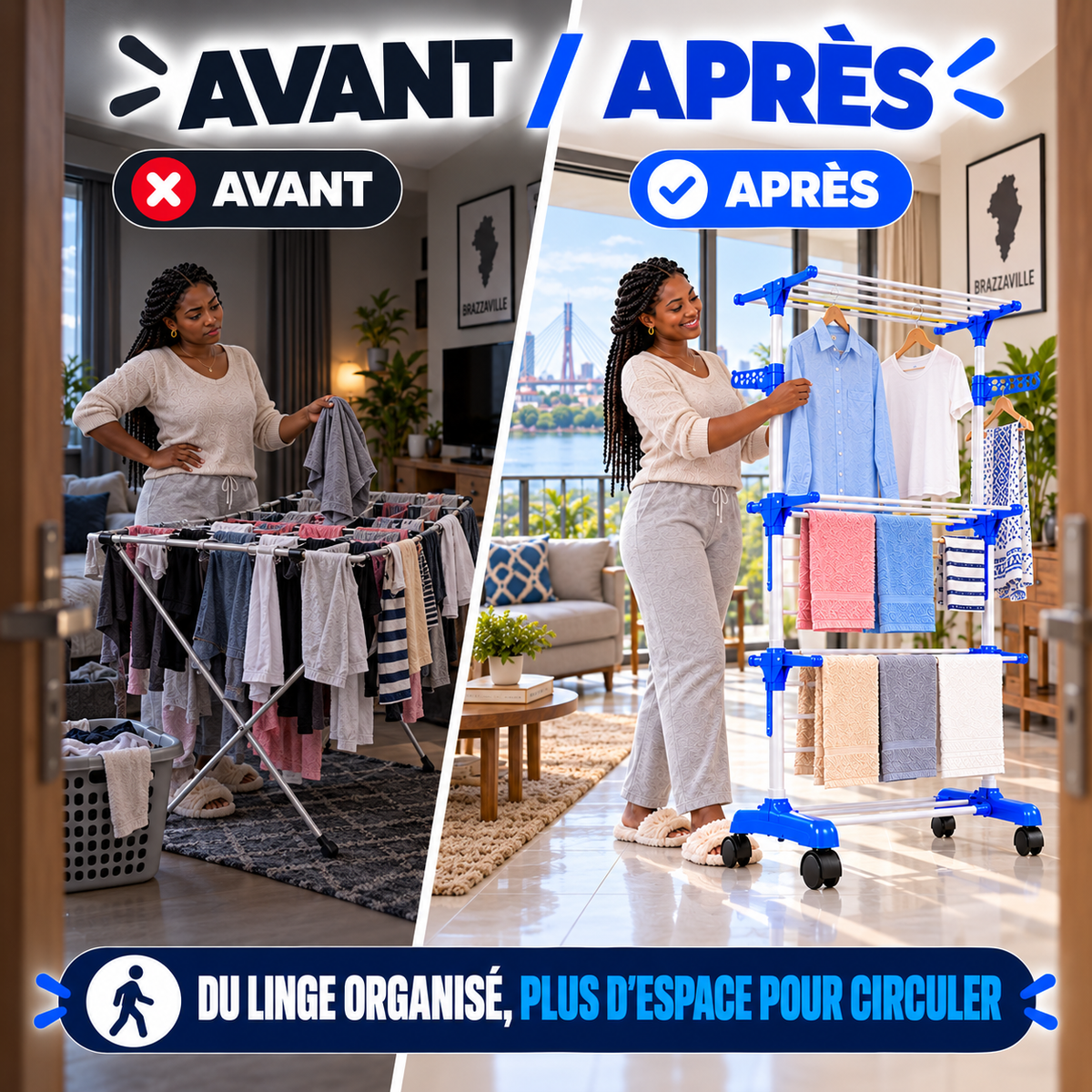 Étendoir Mobile avec Roulettes - Séchoir à Linge Pliable 3 Niveaux