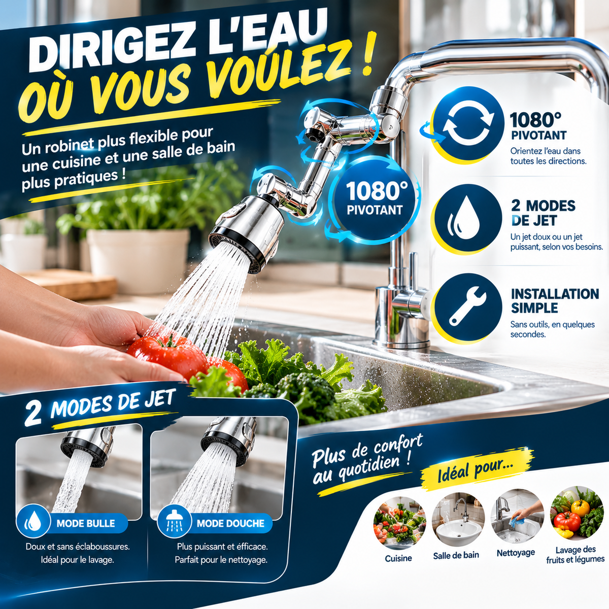 💧 Extenseur de Robinet Pivotant 1080° — 2 Modes de Jet