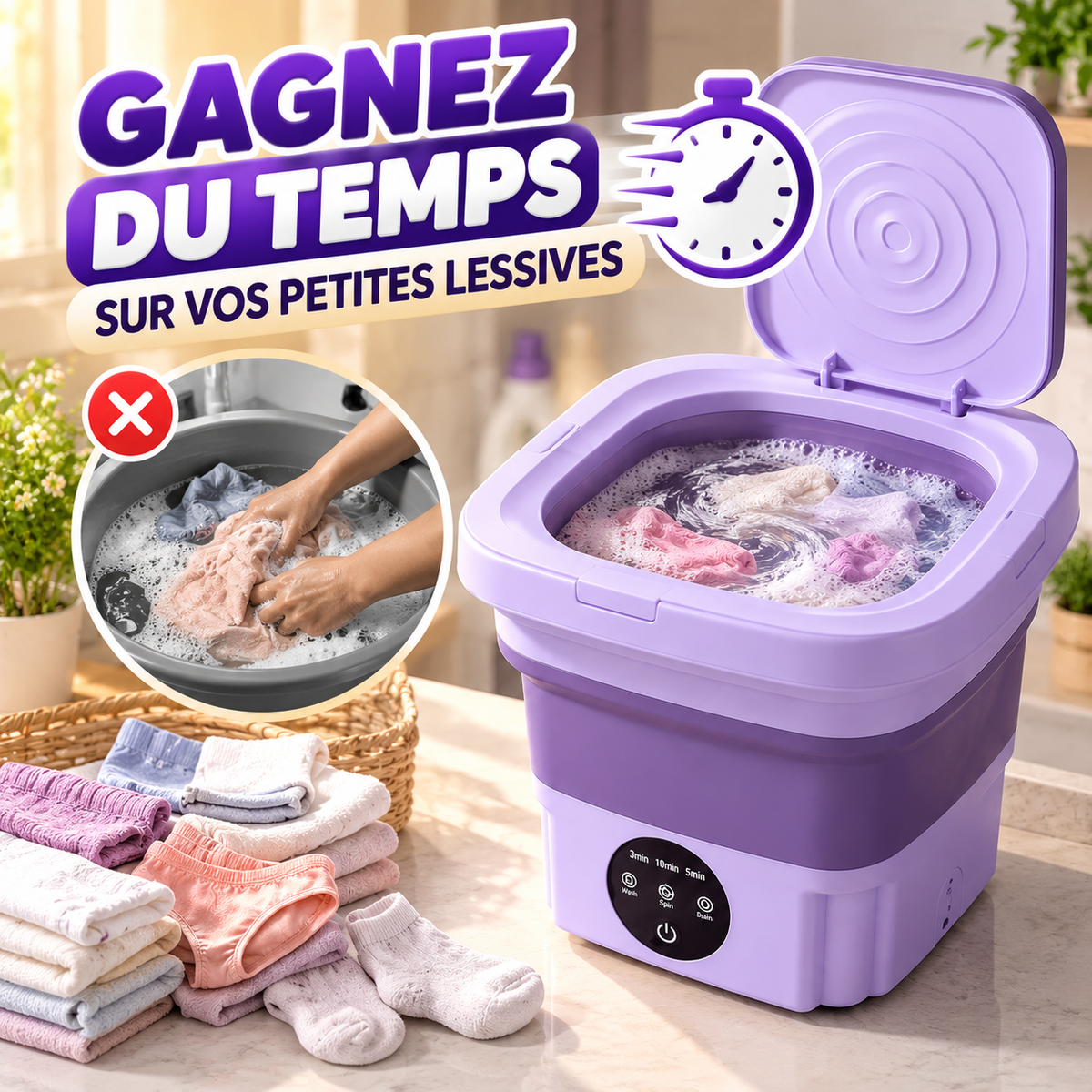 🧺 Mini Machine À Laver Pliante 8L : Un Lavage Pratique Pour Vos Petits Linges !