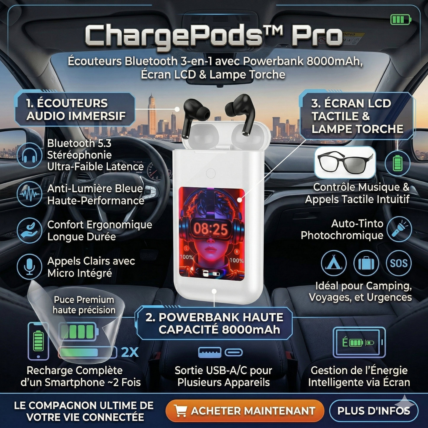 ChargePods™ Pro – Écouteurs Bluetooth 3-en-1 avec Powerbank 8000mAh, Écran LCD & Lampe Torche