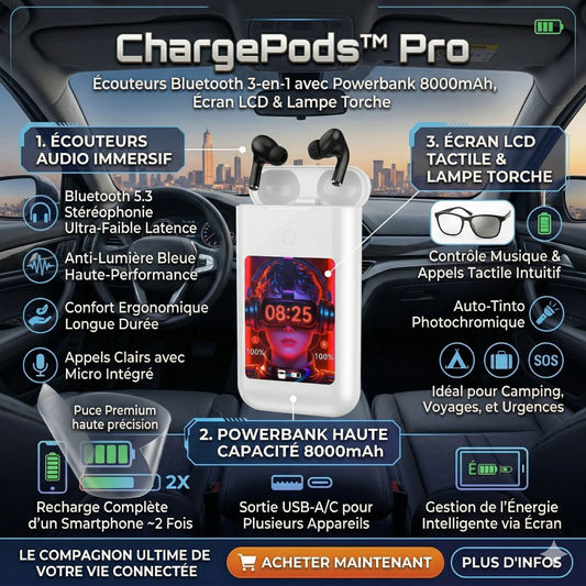 ChargePods™ Pro – Écouteurs Bluetooth 3-en-1 avec Powerbank 8000mAh, Écran LCD & Lampe Torche