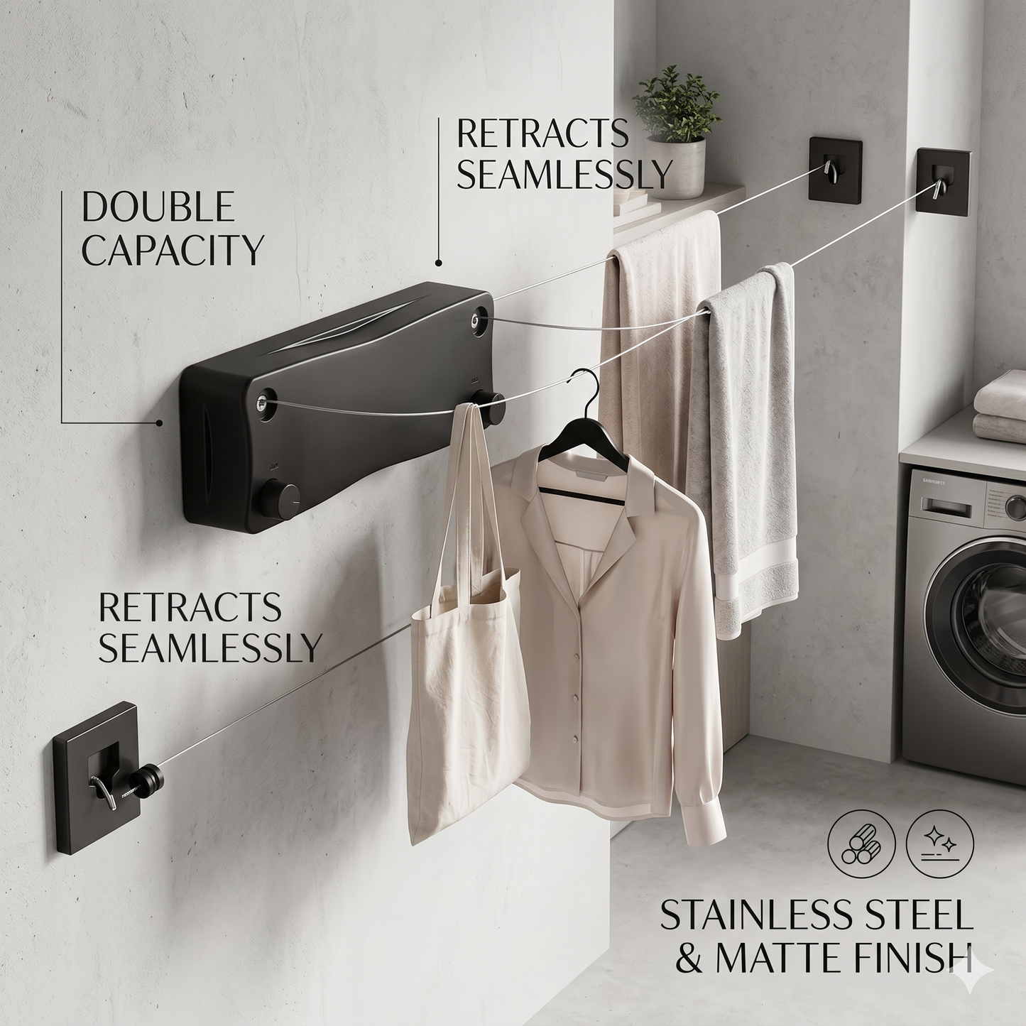 DryFlex™ Corde à Linge Rétractable Murale 5.2M – Double Ligne Télescopique
