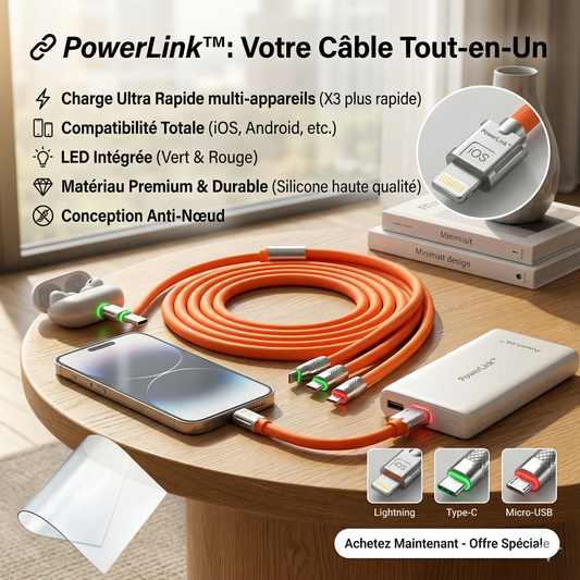 PowerLink™ Câble 3-en-1  Charge Ultra Rapide Lightning, Type-C & Micro USB avec LED