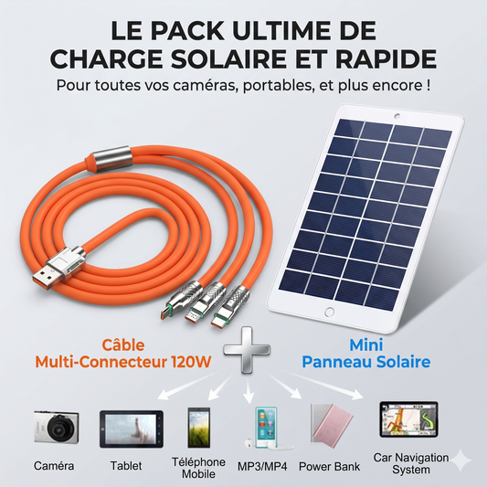 SolarGo™ Pack Aventure : Panneau Solaire + Câble 120W 3-en-1