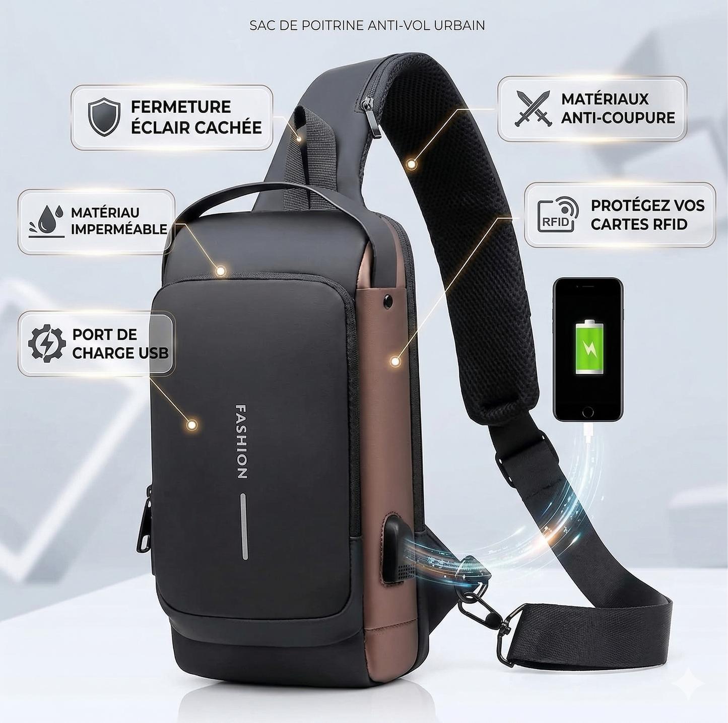 AirFashion® Sac à Poitrine Antivol – Résistant à l'Eau, Port USB & Serrure à Code