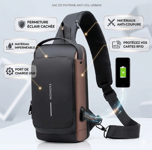 AirFashion® Sac à Poitrine Antivol – Résistant à l'Eau, Port USB & Serrure à Code