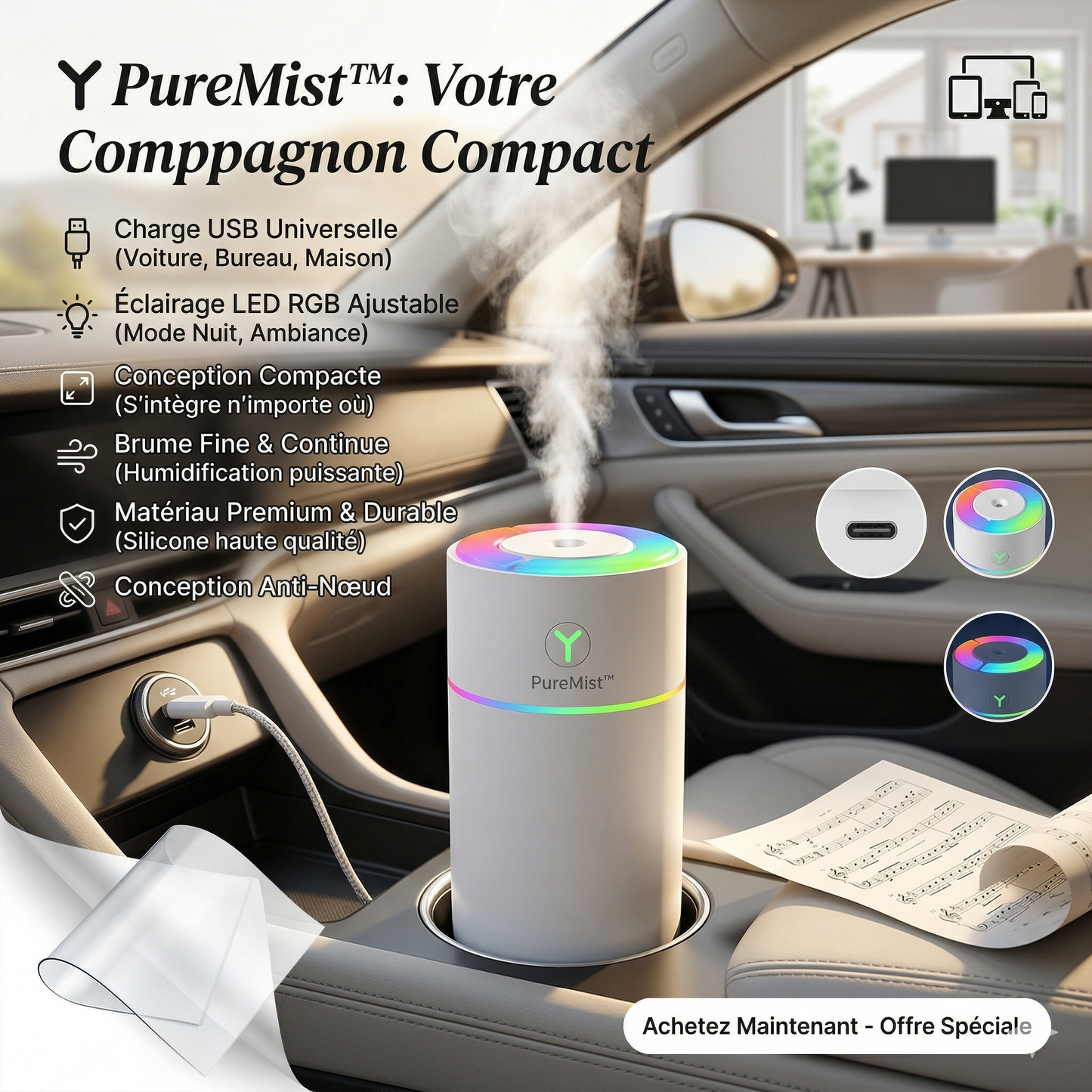 PureMist™ Diffuseur USB LED RGB – Humidificateur Compact pour Voiture, Bureau & Maison