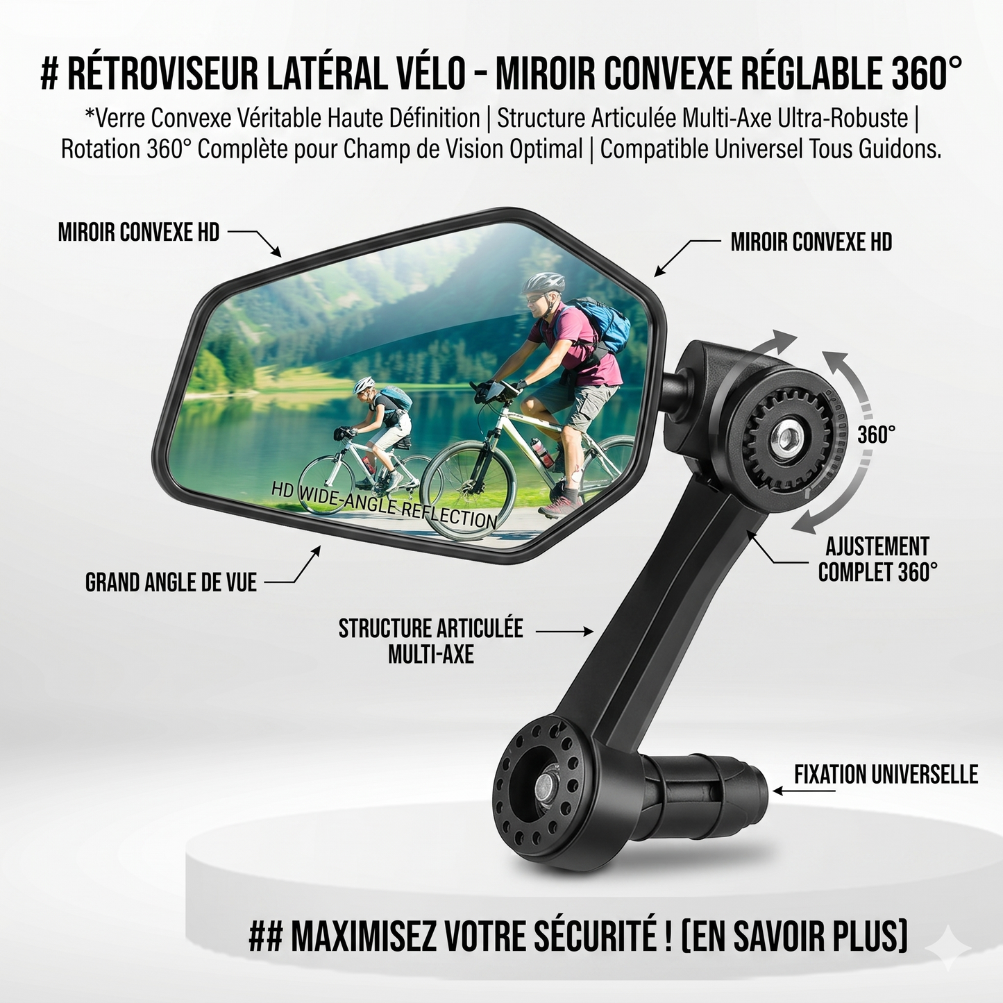SafeRide™ Rétroviseur Vélo – Vision Large Convexe Réglable à 360°