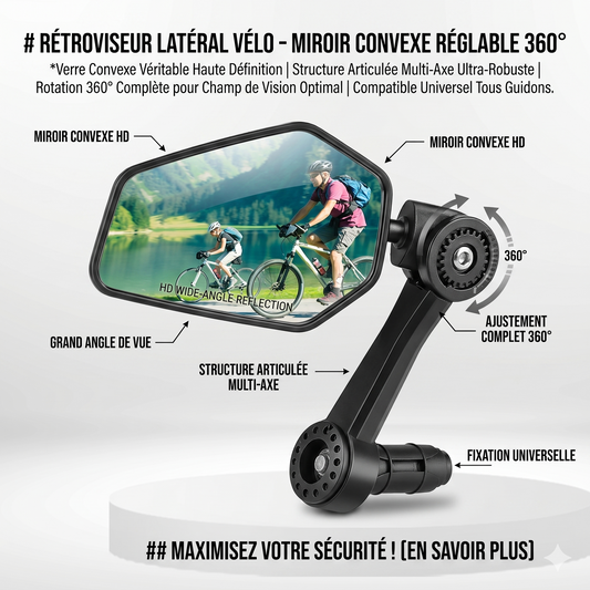 SafeRide™ Rétroviseur Vélo – Vision Large Convexe Réglable à 360°