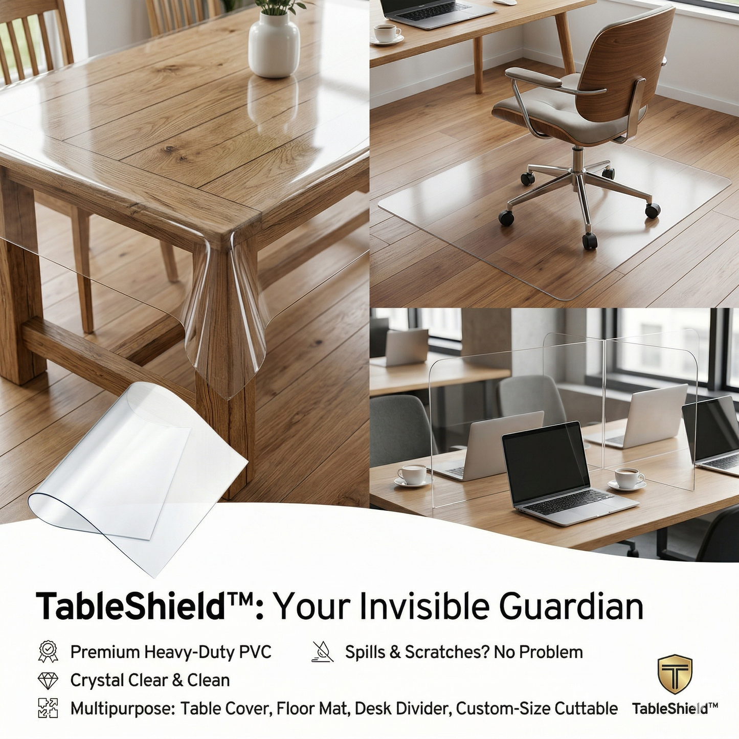 TableShield™ Feuille PVC Transparent pour Nappe, Tapis de Chaise & Séparateur Multiusage 90cm/90cm