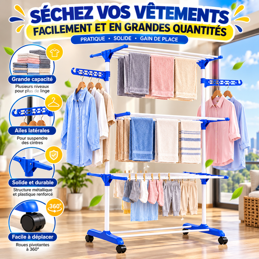 Étendoir Mobile avec Roulettes - Séchoir à Linge Pliable 3 Niveaux