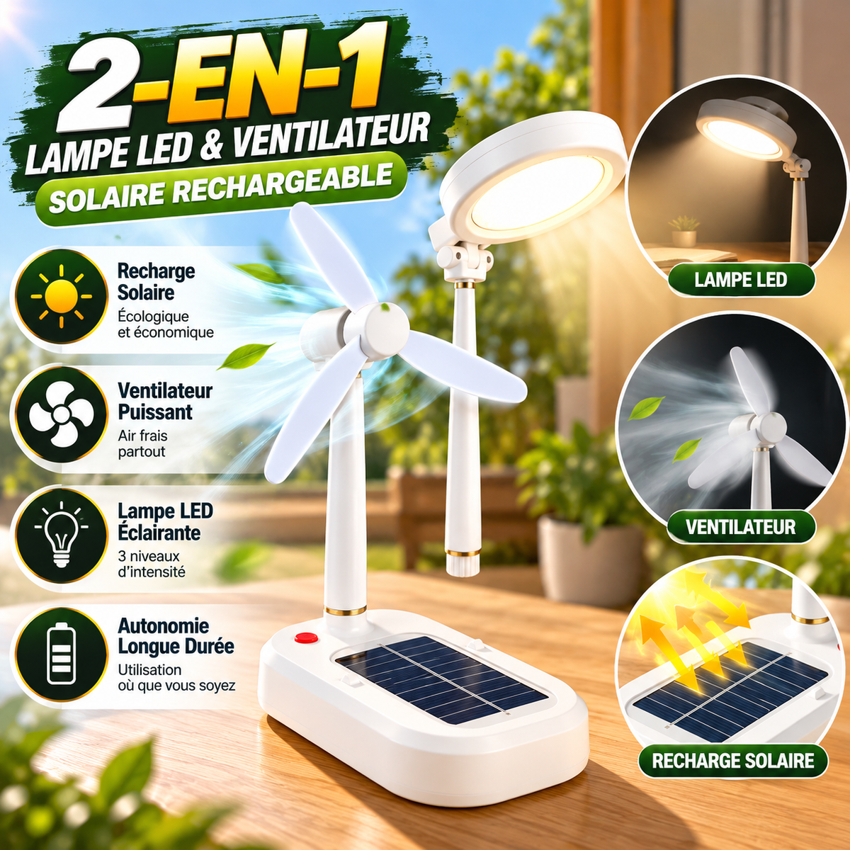 ☀️ Lampe LED & Ventilateur Solaire Rechargeable 2-en-1