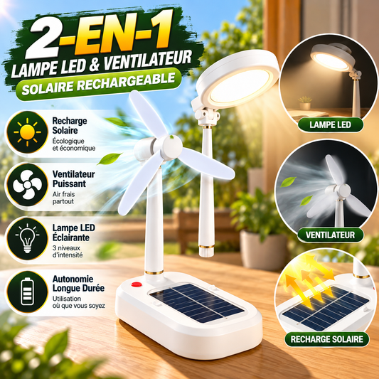 ☀️ Lampe LED & Ventilateur Solaire Rechargeable 2-en-1