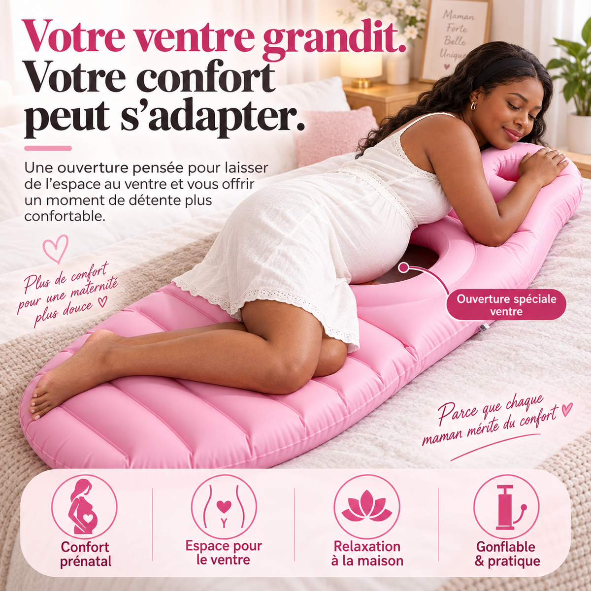 Matelas de Grossesse avec Trou Surface Floquée Coussin Gonflable de Grossesse PVC Épais Coussin Ventre Gonflable pour Femmes Enceintes