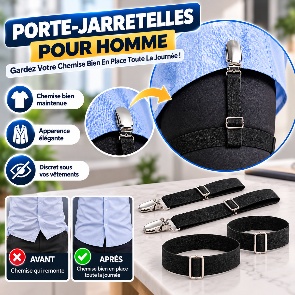 👔 Porte-Jarretelles Homme Réglable Anti-Chemise Qui Remonte