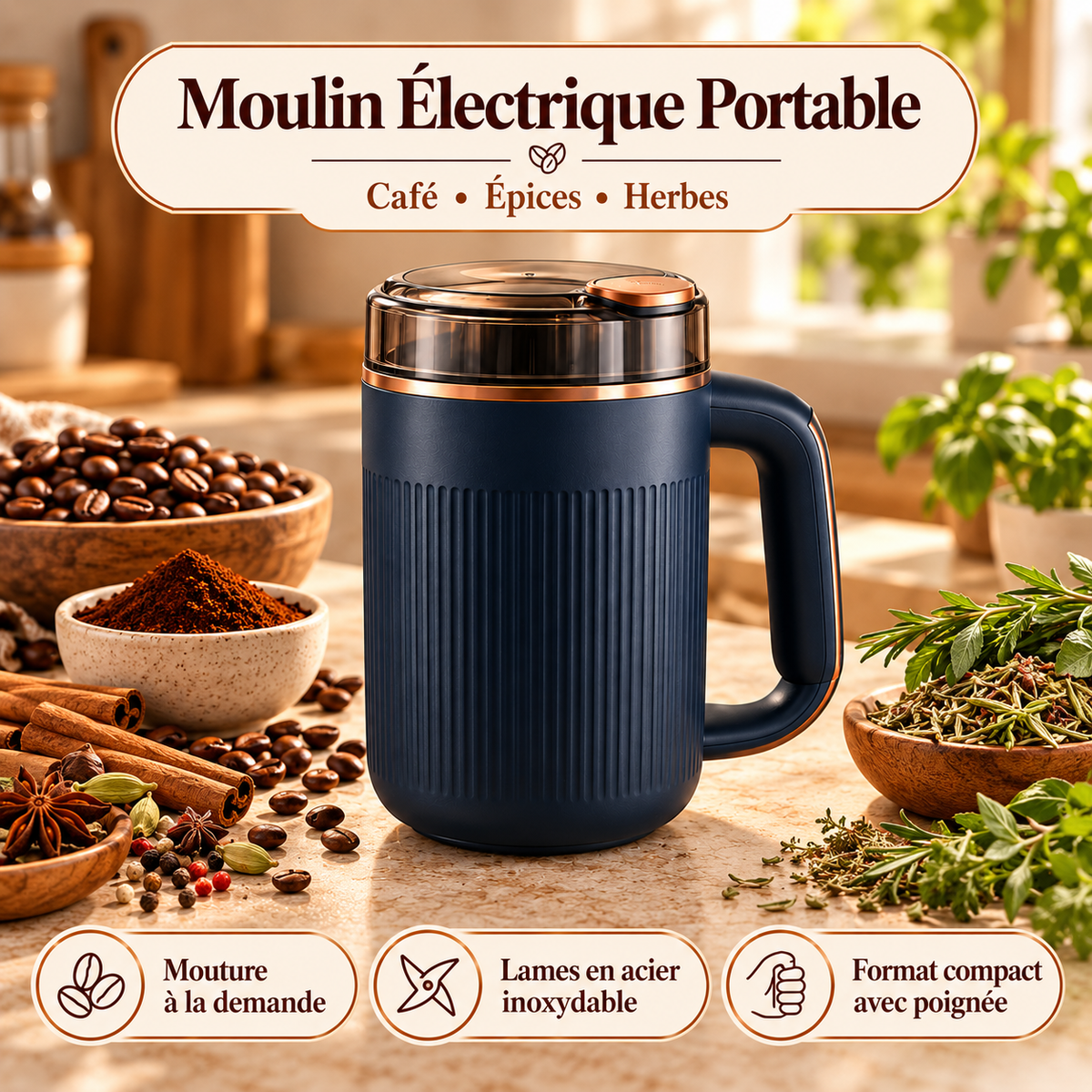 Moulin à Café Électrique 300W – Robot Culinaire Multifonction  Grains, Épices