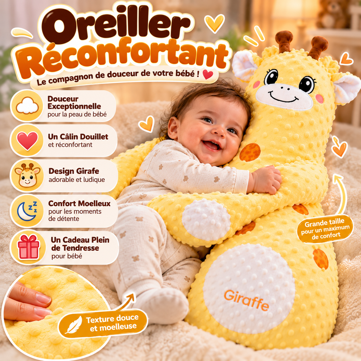 🦒 Oreiller Réconfortant Bébé Girafe – Douceur, Confort & Tendresse !