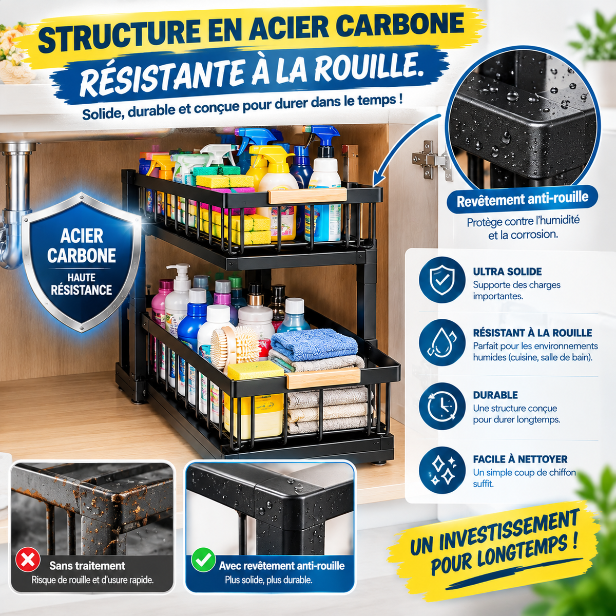 Organiseur d'évier - Étagère à épices à 2 niveaux - En acier au carbone