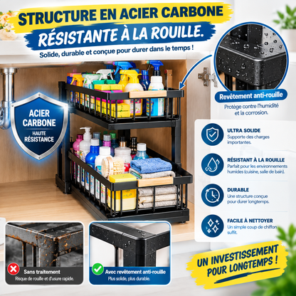 Organiseur d'évier - Étagère à épices à 2 niveaux - En acier au carbone