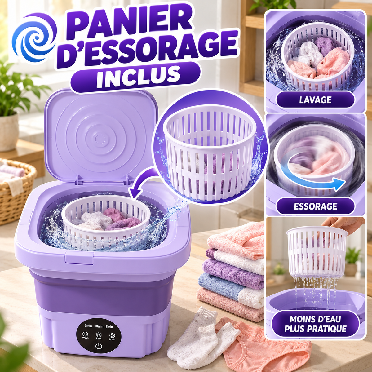 🧺 Mini Machine À Laver Pliante 8L : Un Lavage Pratique Pour Vos Petits Linges !