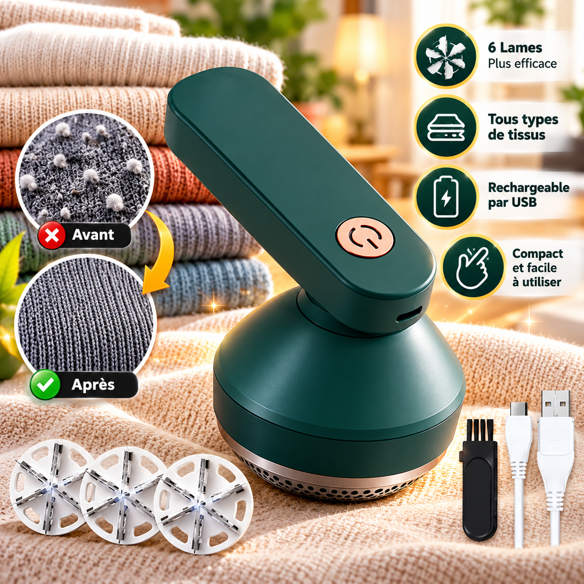 Rasoir Anti-Bouloches Électrique Rechargeable