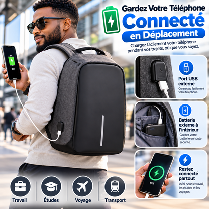 Sac à dos Noir, porte PC antivol à port USB