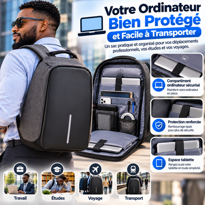 Sac à dos Noir, porte PC antivol à port USB