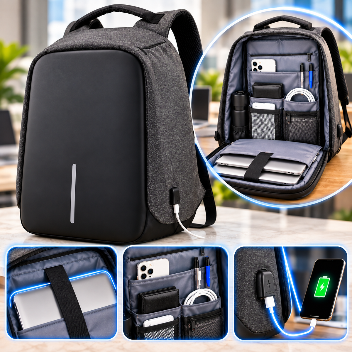 Sac à dos Noir, porte PC antivol à port USB