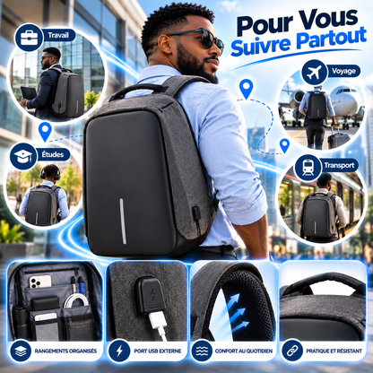 Sac à dos Noir, porte PC antivol à port USB