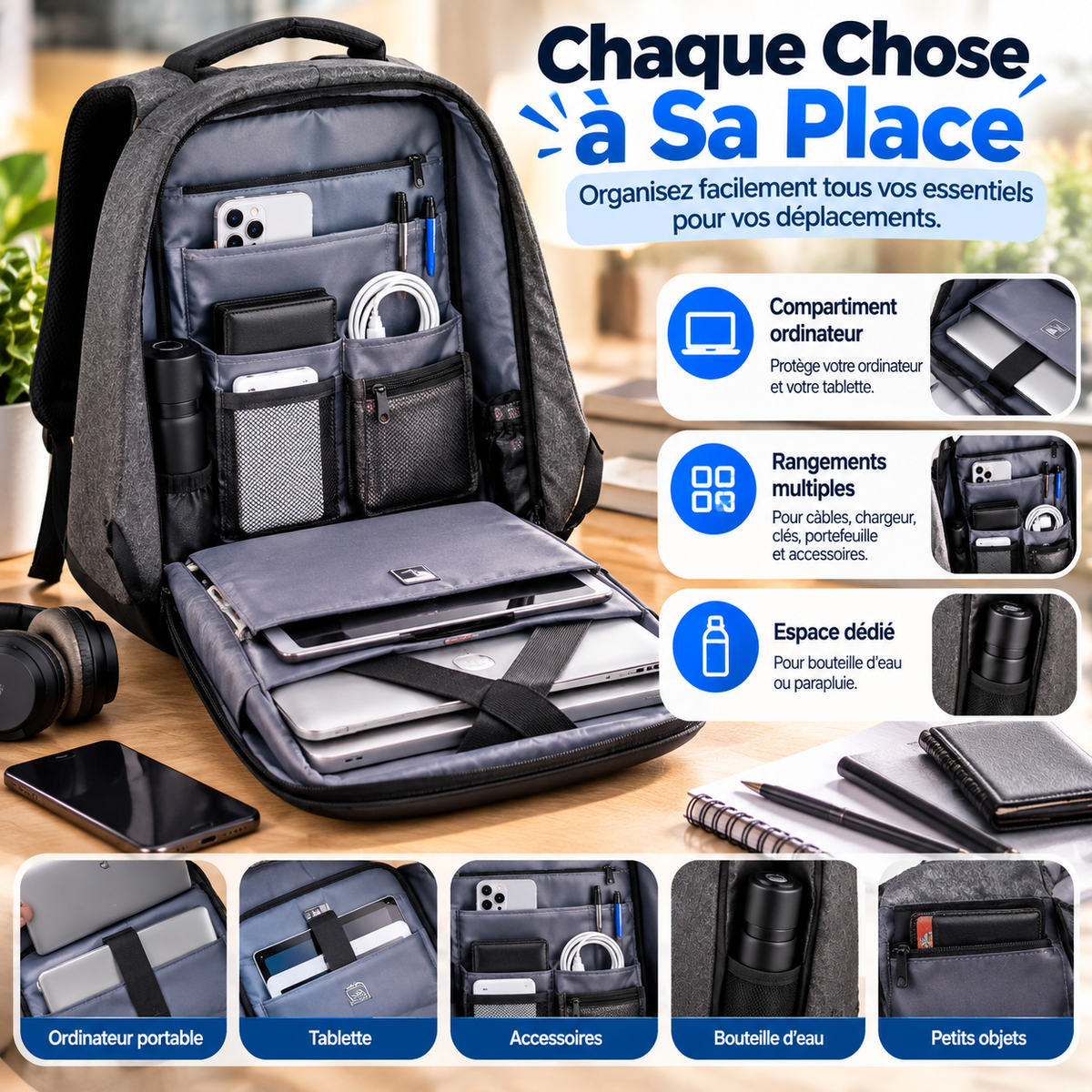 Sac à dos Noir, porte PC antivol à port USB