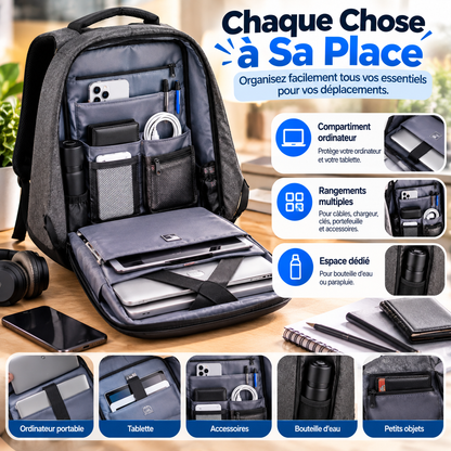Sac à dos Noir, porte PC antivol à port USB