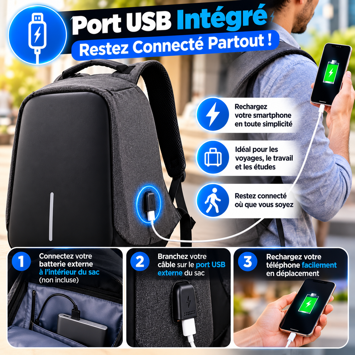 🎒 Sac à Dos Antivol Multifonction avec Port USB – Voyagez Organisé et en Toute Sérénité !