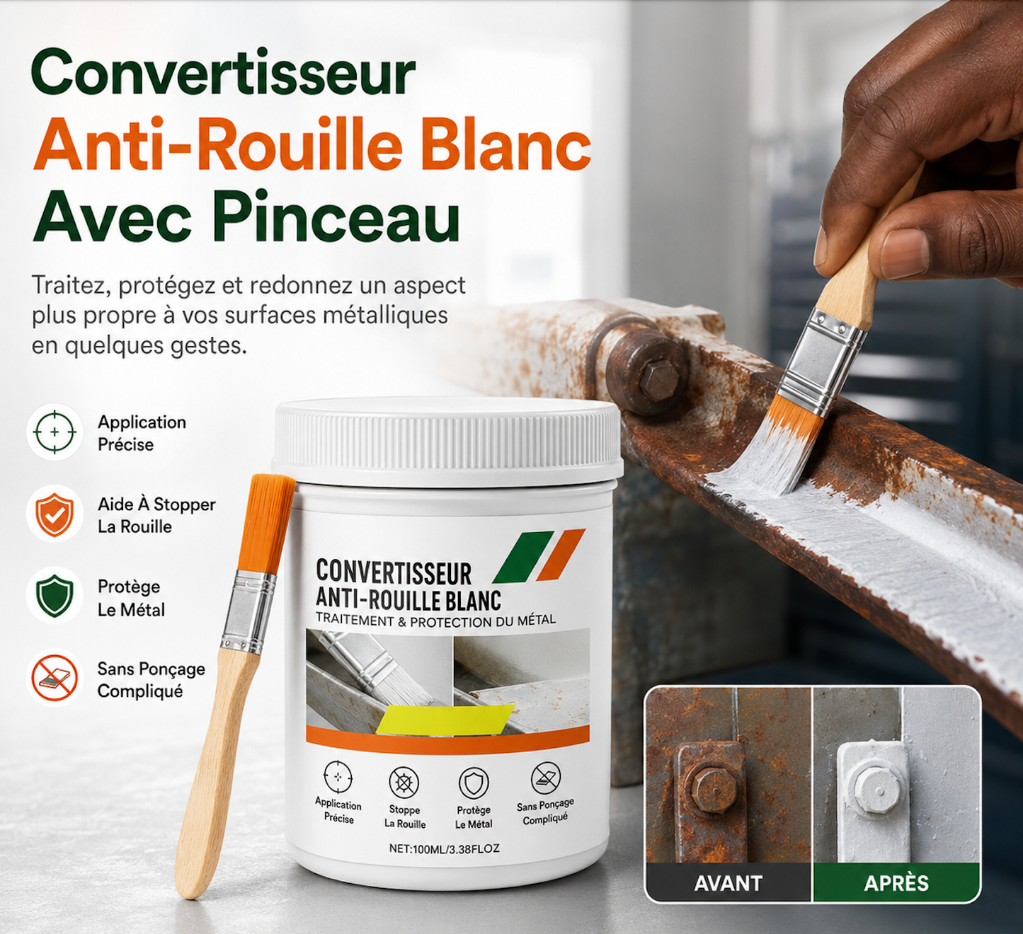 RustShield™ Convertisseur Anti-Rouille Blanc Avec Pinceau | Métal Plus Propre & Protégé