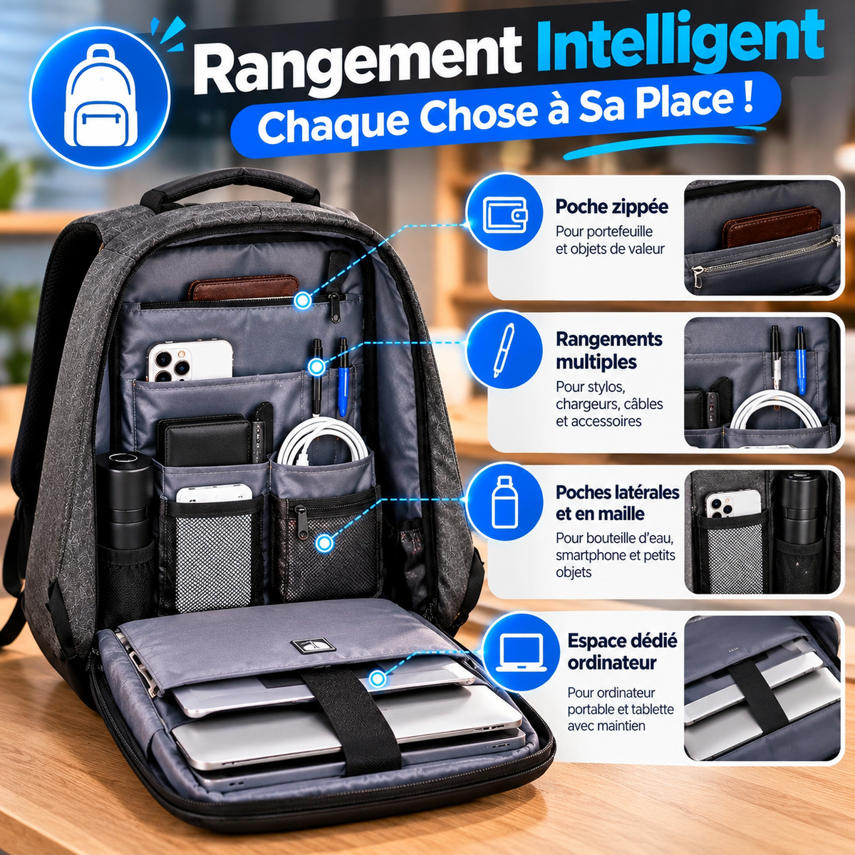 🎒 Sac à Dos Antivol Multifonction avec Port USB – Voyagez Organisé et en Toute Sérénité !