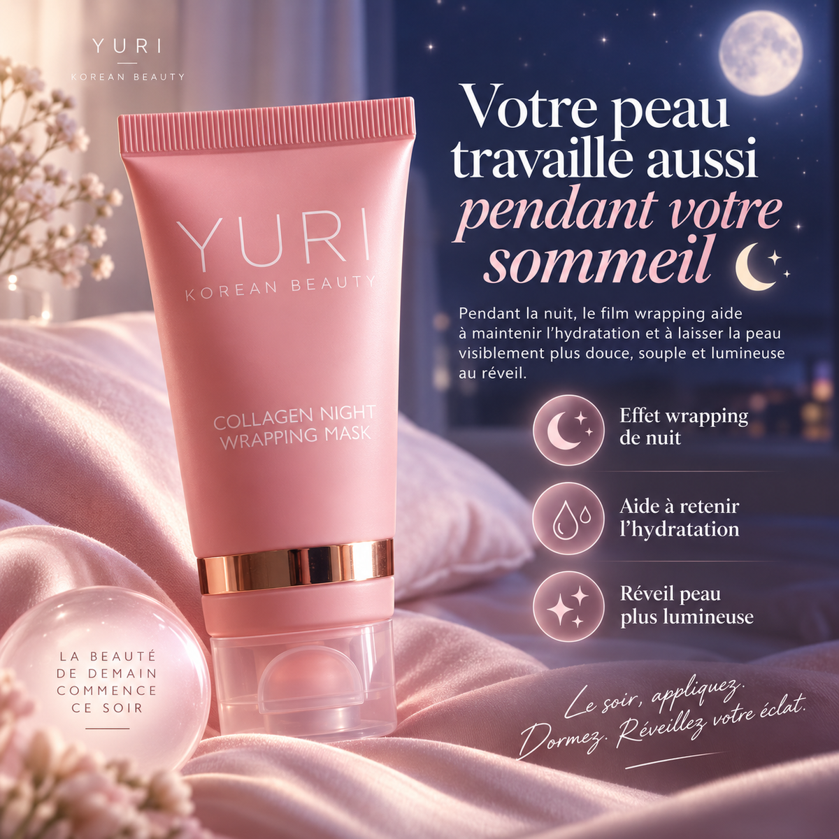 Yuri Lot de 2 masques enveloppants au collagène de nuit, masque enveloppant de nuit au collagène coréen