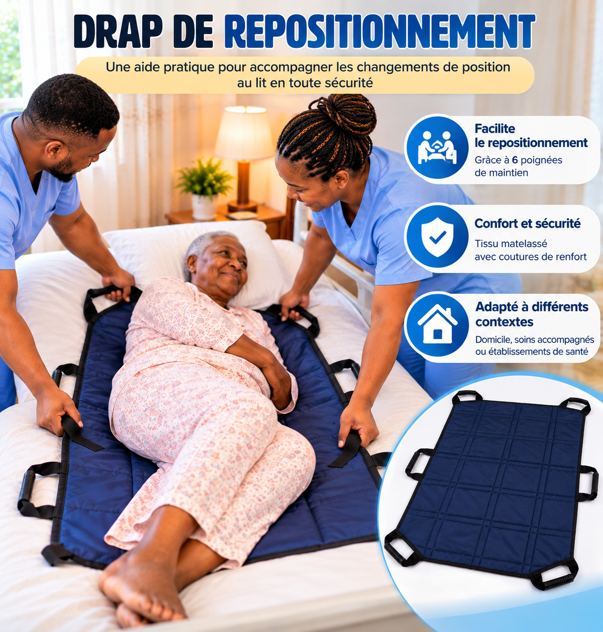 Drap de Transfert & de Repositionnement avec 6 Poignées