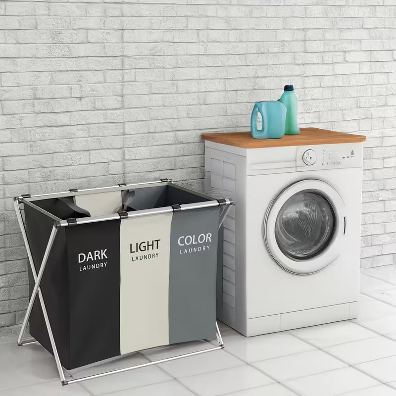 Panier à Linge Pliable 3 Sections - Organisateur de Vêtements avec Cadre en Aluminium