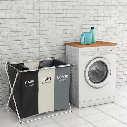Panier à Linge Pliable 3 Sections - Organisateur de Vêtements avec Cadre en Aluminium