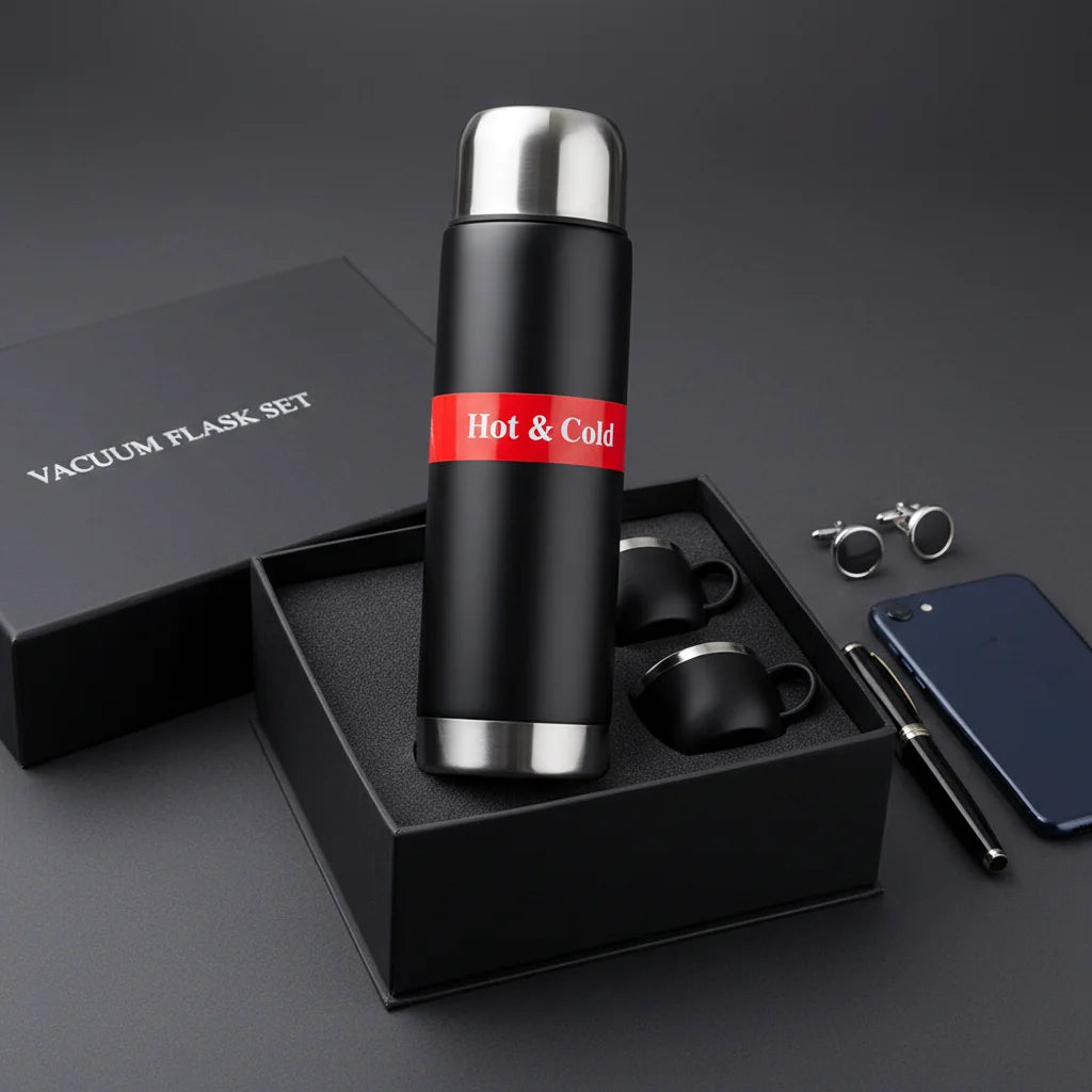 Coffret Bouteille Isotherme 500ML Inox Double Paroi avec 3 Tasses - Chaud & Froid