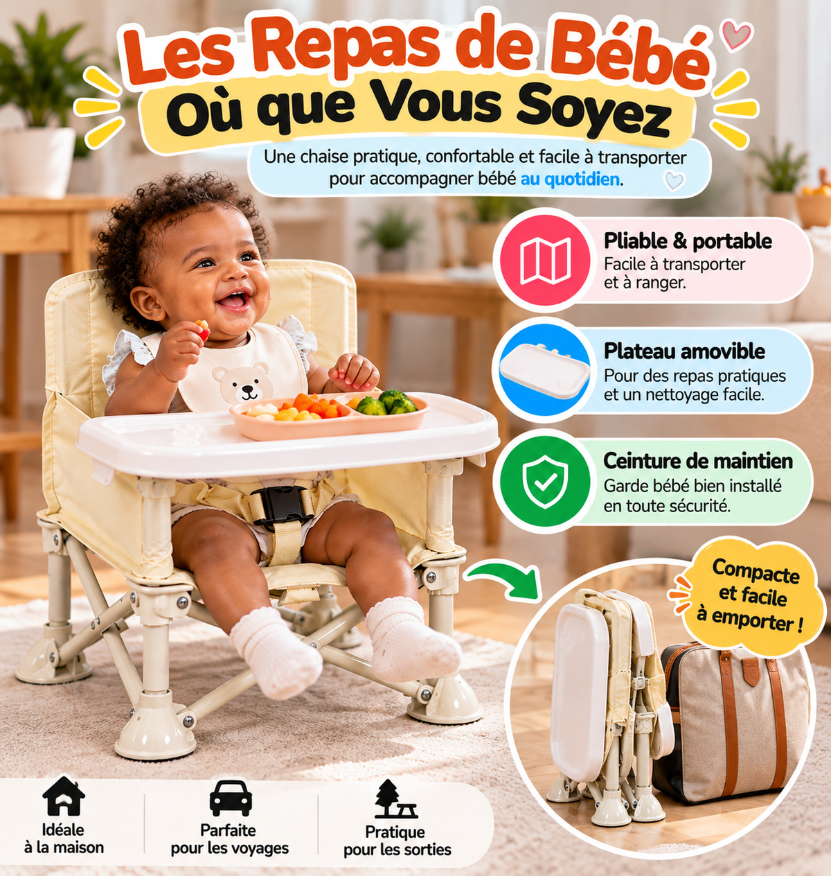 CHAISE HAUTE BÉBÉ PLIABLE & PORTABLE | Des repas pratiques partout