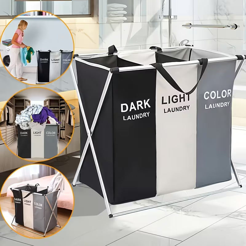 Panier à Linge Pliable 3 Sections - Organisateur de Vêtements avec Cadre en Aluminium