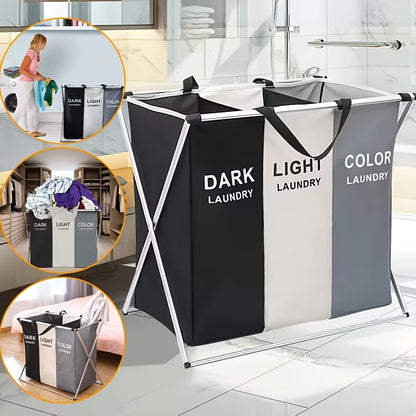 Panier à Linge Pliable 3 Sections - Organisateur de Vêtements avec Cadre en Aluminium