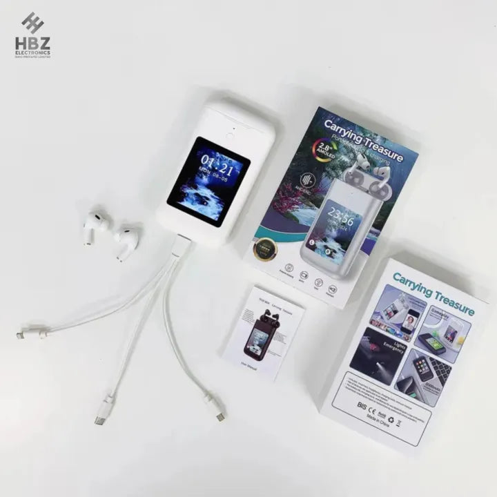 ChargePods™ Pro – Écouteurs Bluetooth 3-en-1 avec Powerbank 8000mAh, Écran LCD & Lampe Torche