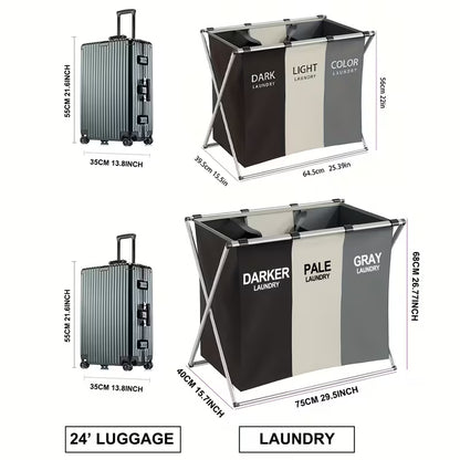 Panier à Linge Pliable 3 Sections - Organisateur de Vêtements avec Cadre en Aluminium