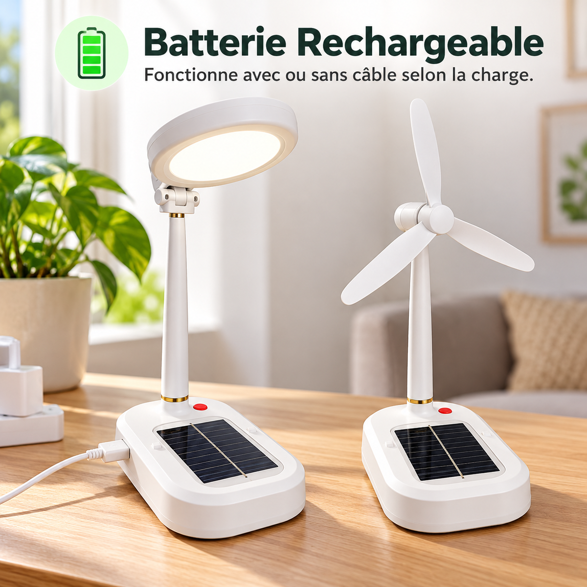 ☀️ Lampe LED & Ventilateur Solaire Rechargeable 2-en-1