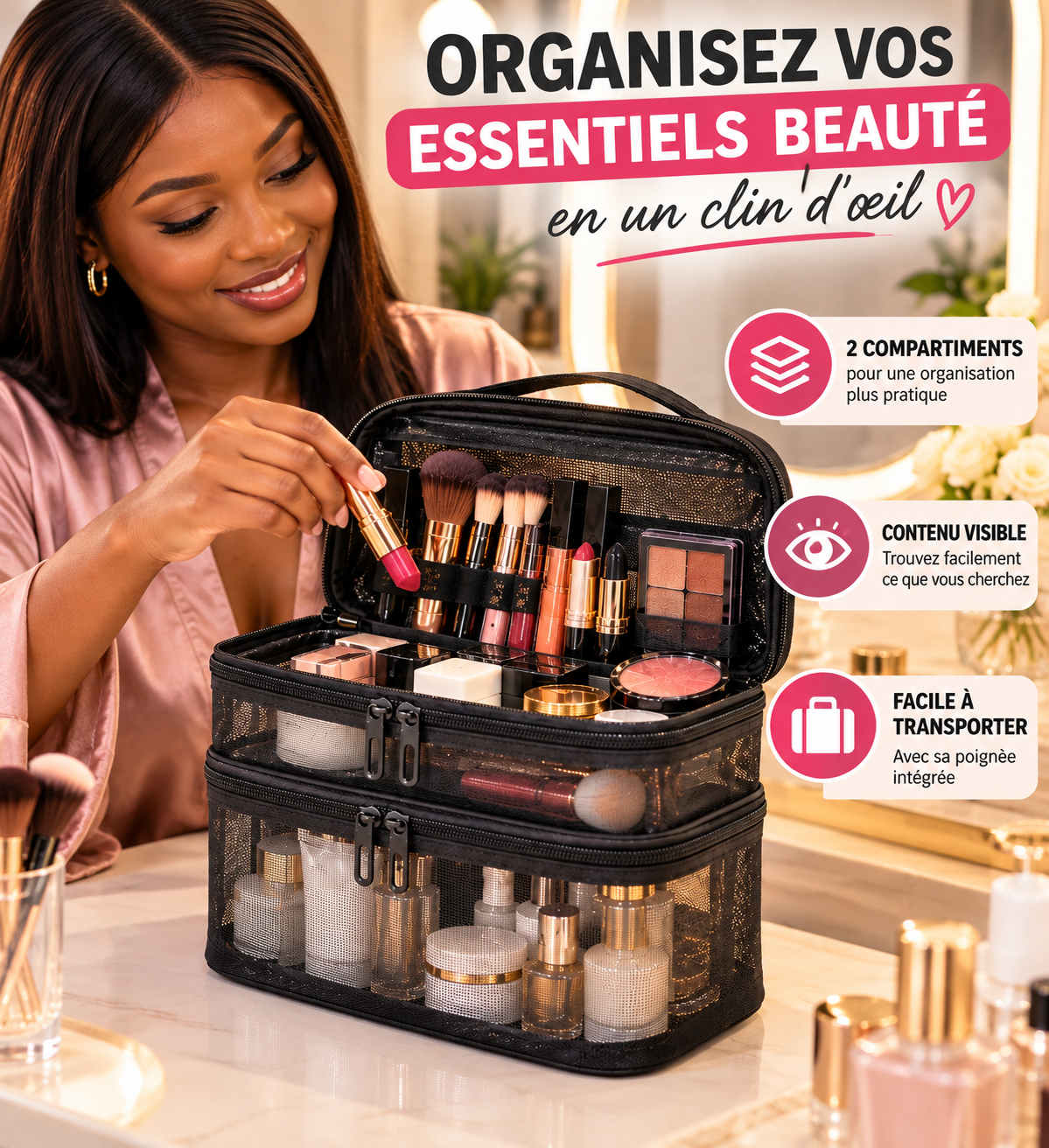 Trousse Organisatrice Double Compartiment pour Maquillage & Soins